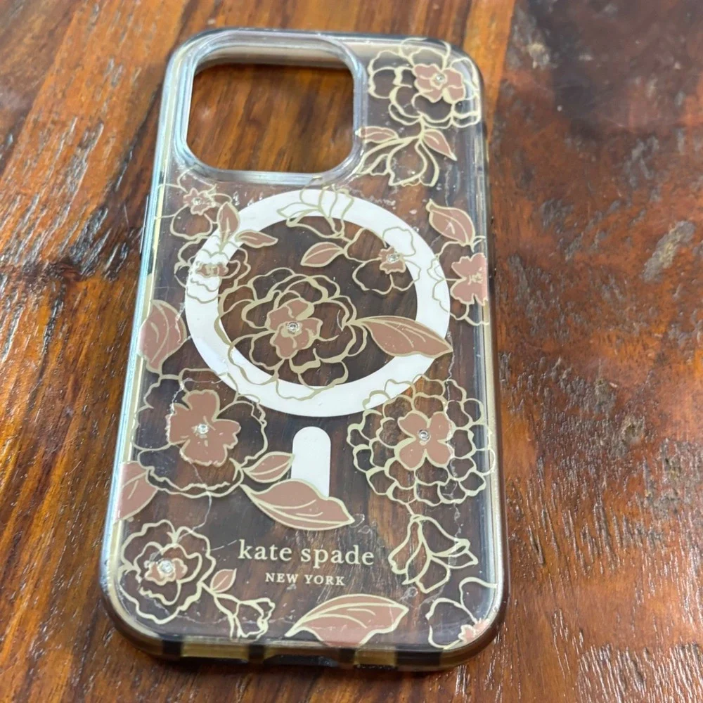 Kate Spade iPhone 14 Pro Case MagSafe Floral Brown Gold Crystal Accents
